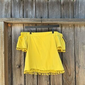 Yellow Off-Shoulder Top with Pom Pom Trim